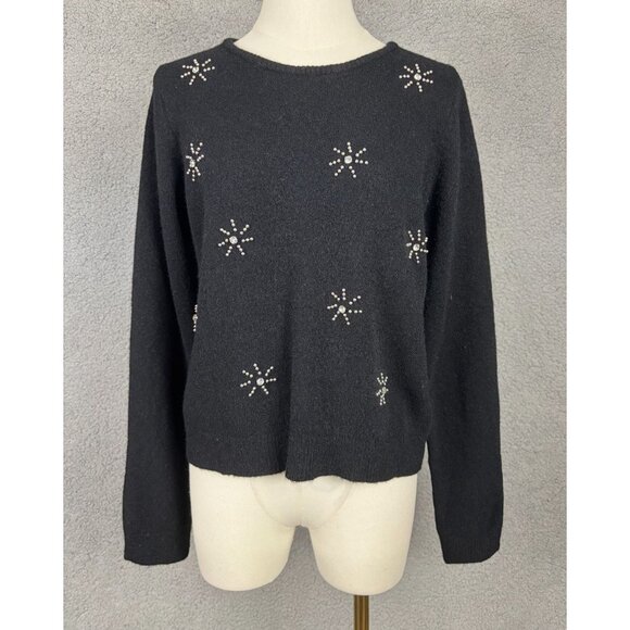 Belle By Belldini Women's Black Sweater Rhinestone Snowflake Design Large NWT's - Picture 1 of 8
